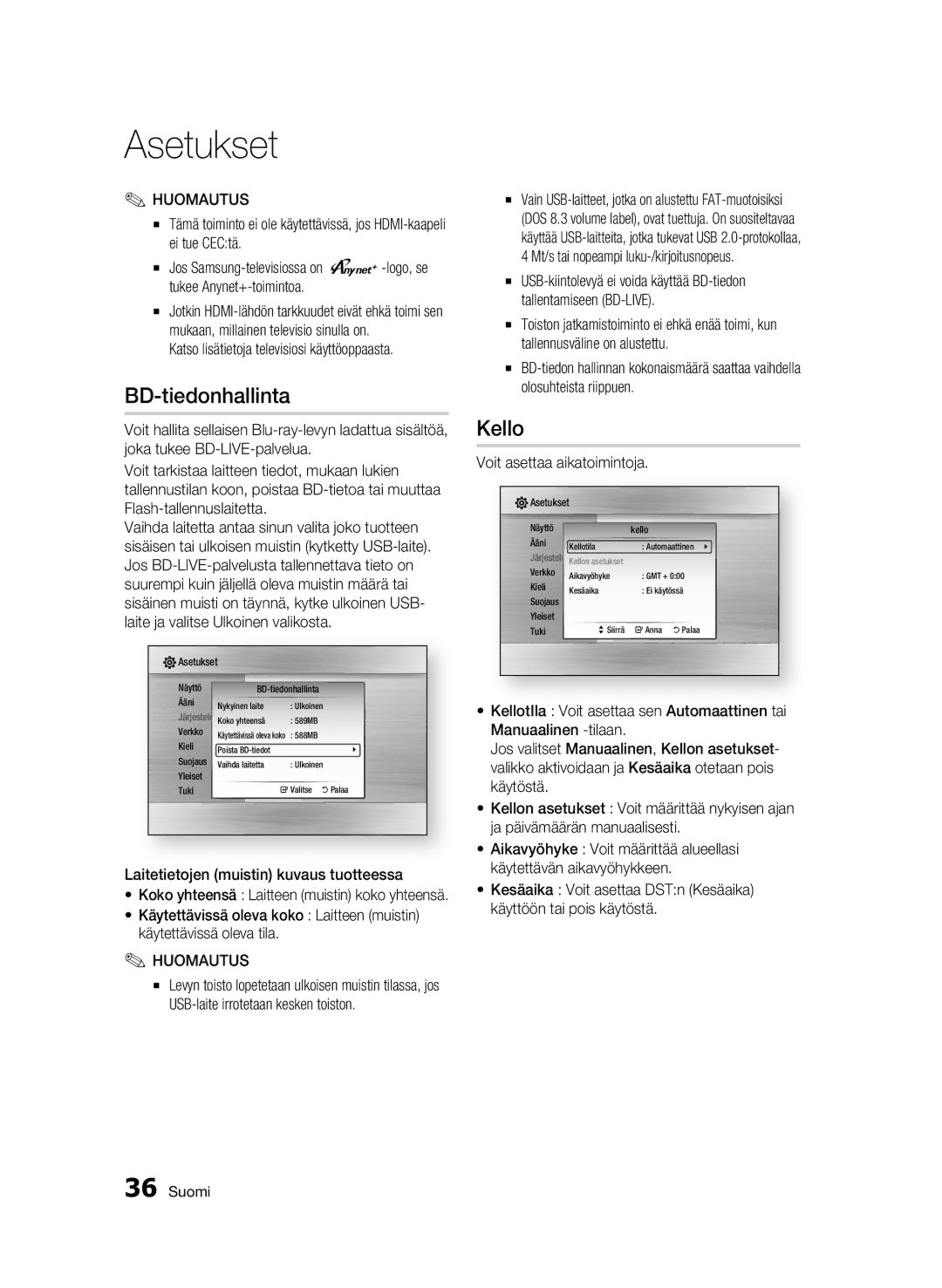 Samsung BD-C7500/XEE BD-tiedonhallinta, Kello, Katso lisätietoja televisiosi käyttöoppaasta, Voit asettaa aikatoimintoja 