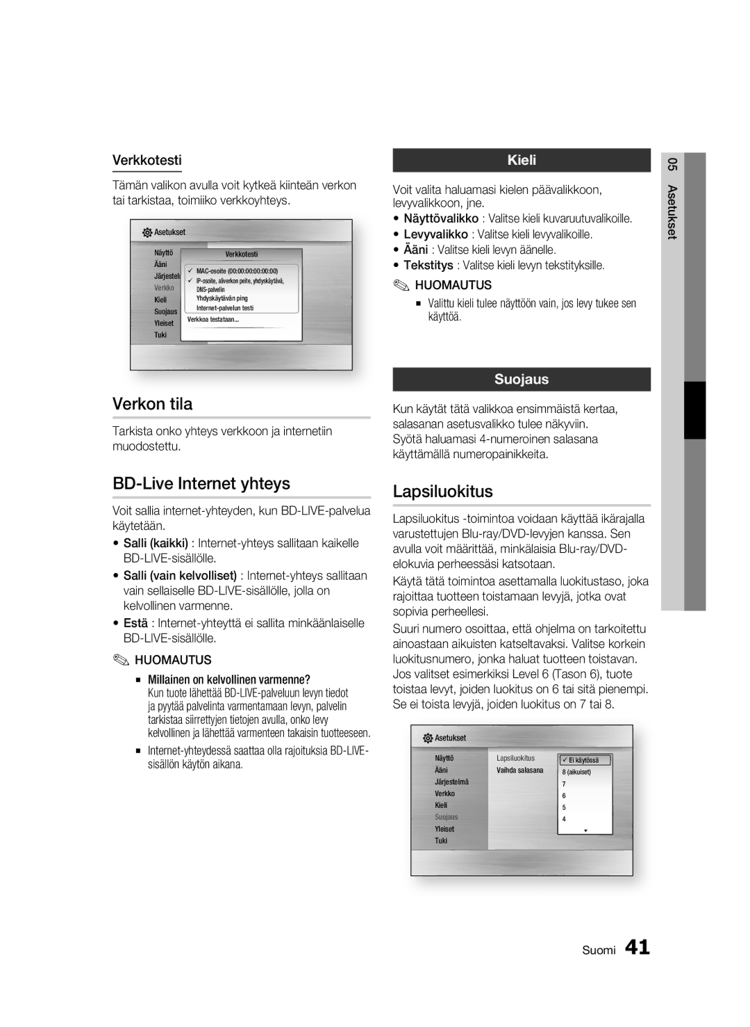 Samsung BD-C7500/XEE manual Verkon tila, BD-Live Internet yhteys, Lapsiluokitus, Kieli, Suojaus 