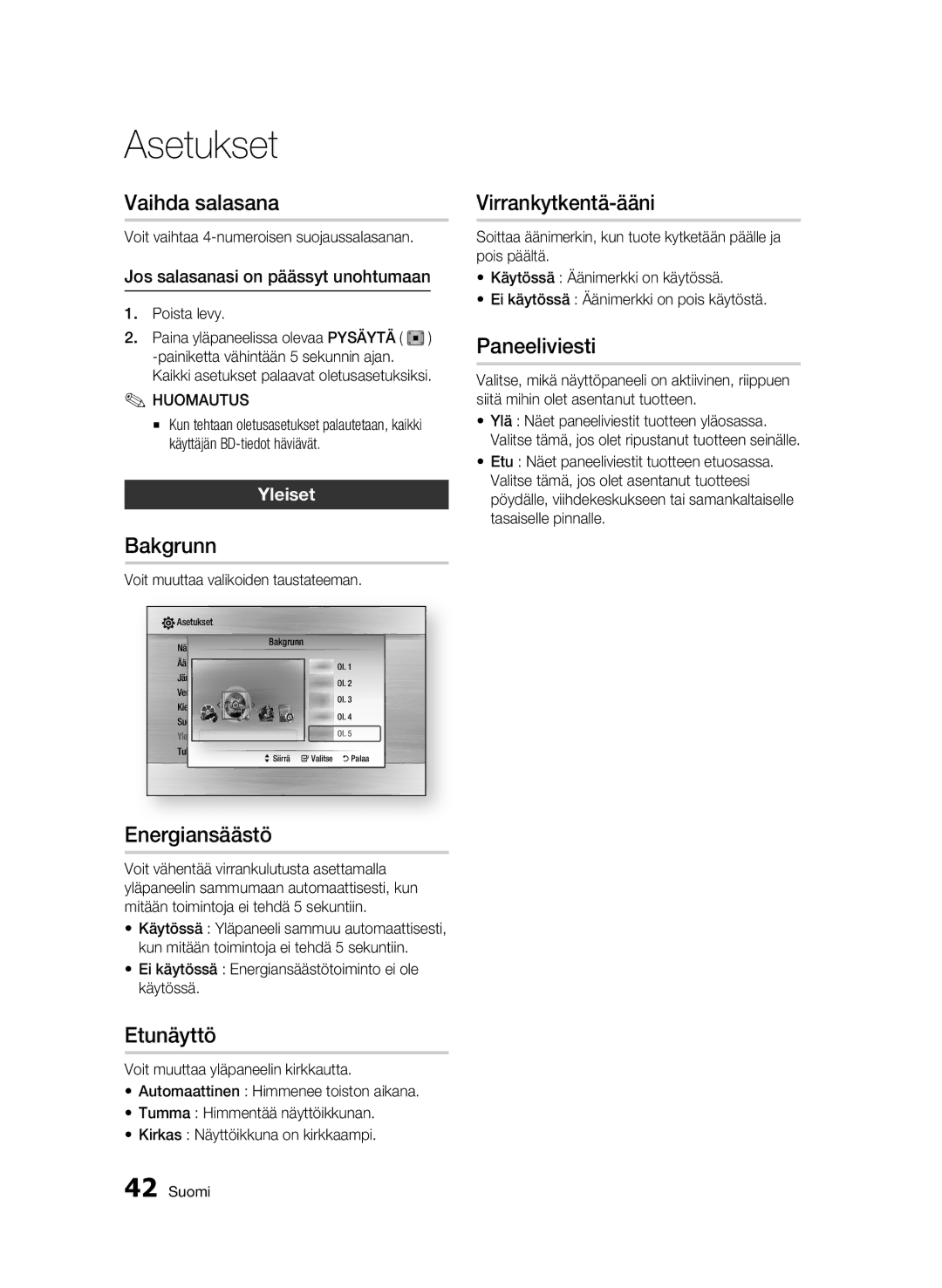 Samsung BD-C7500/XEE manual Vaihda salasana, Bakgrunn, Energiansäästö, Etunäyttö, Virrankytkentä-ääni, Paneeliviesti 