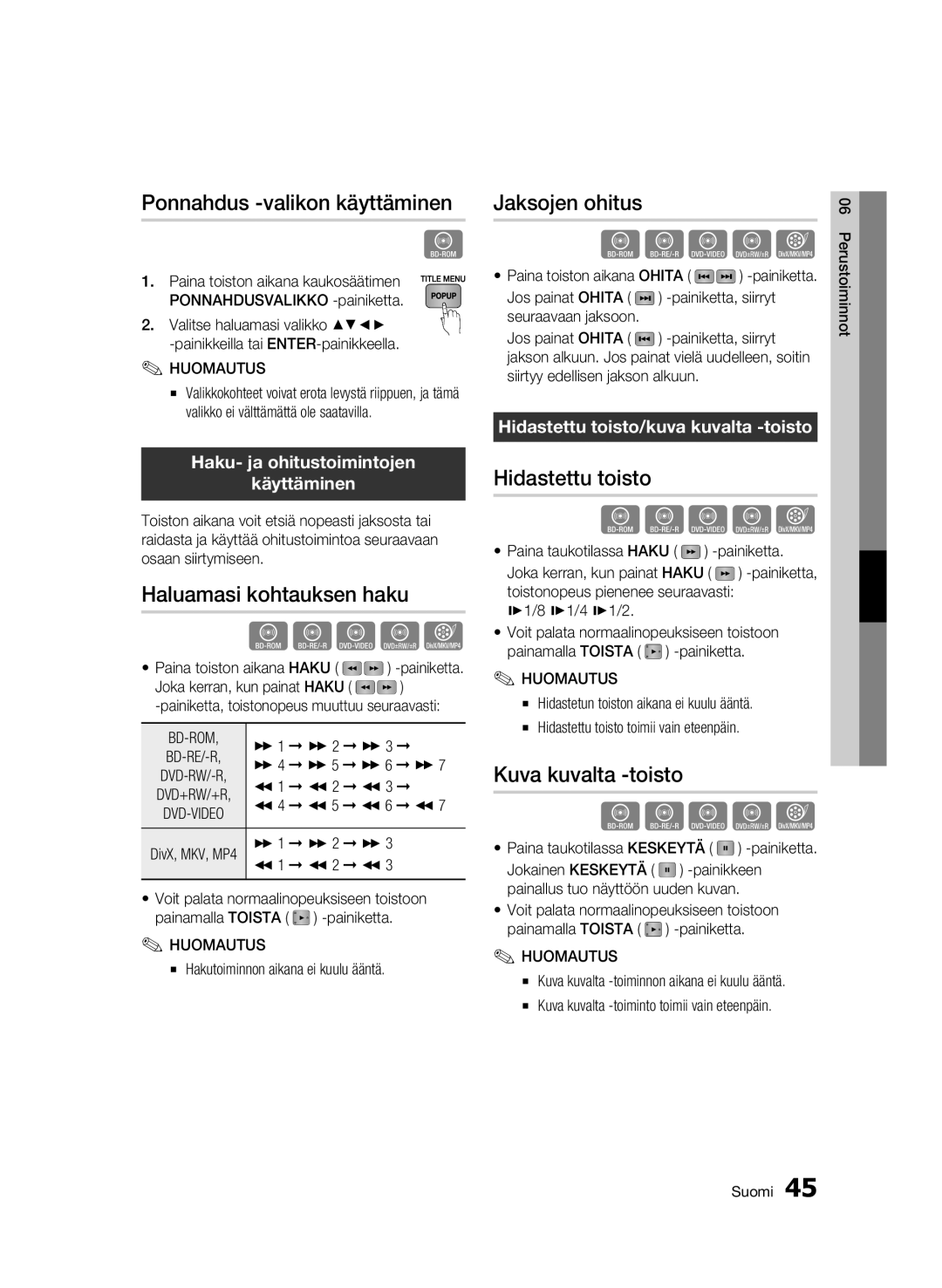 Samsung BD-C7500/XEE manual Ponnahdus -valikon käyttäminen, Haluamasi kohtauksen haku, Jaksojen ohitus, Hidastettu toisto 