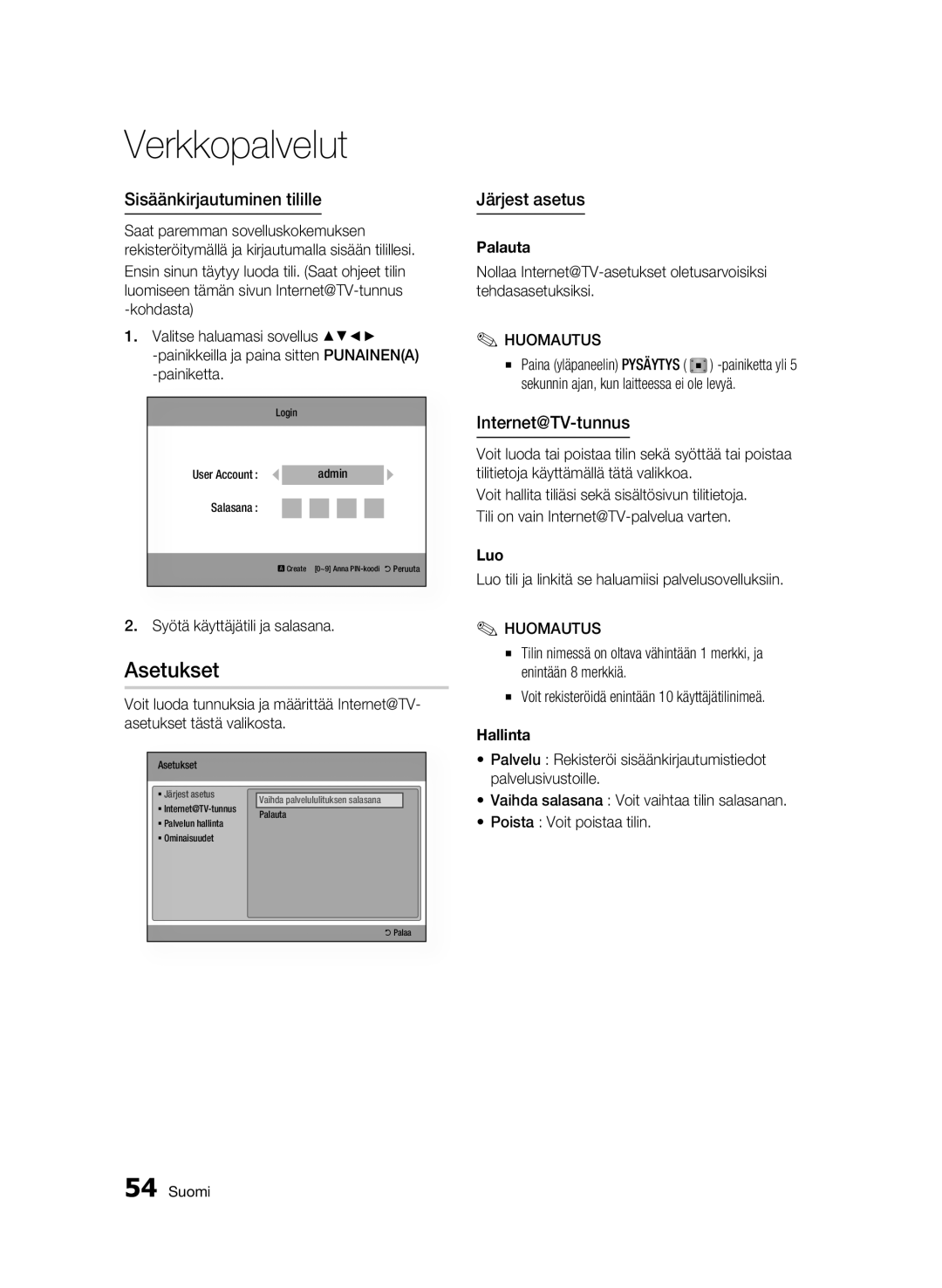 Samsung BD-C7500/XEE manual Asetukset, Sisäänkirjautuminen tilille, Järjest asetus, Internet@TV-tunnus 