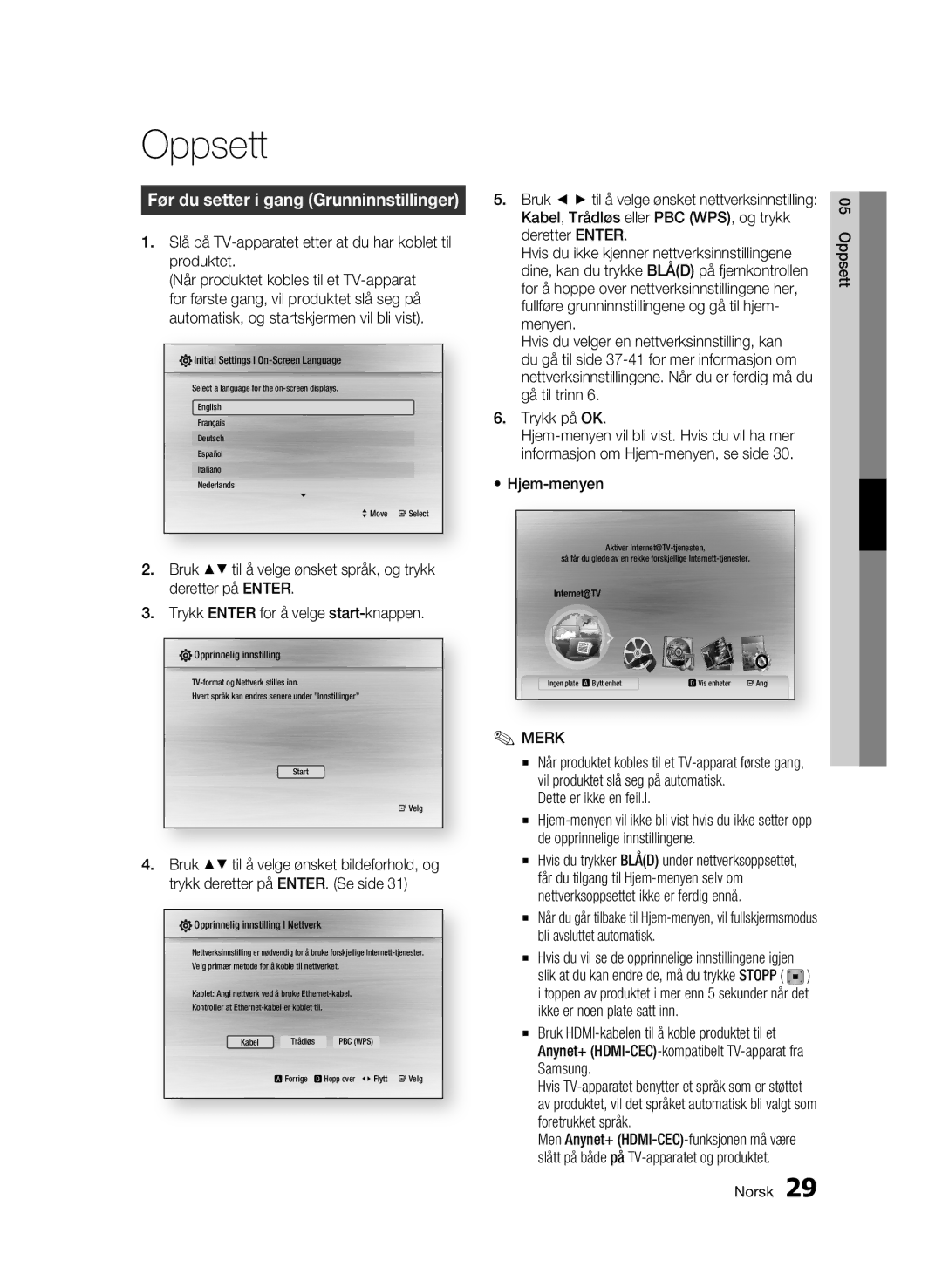 Samsung BD-C7500/XEE manual Oppsett, Før du setter i gang Grunninnstillinger, Hjem-menyen, Dette er ikke en feil.l 