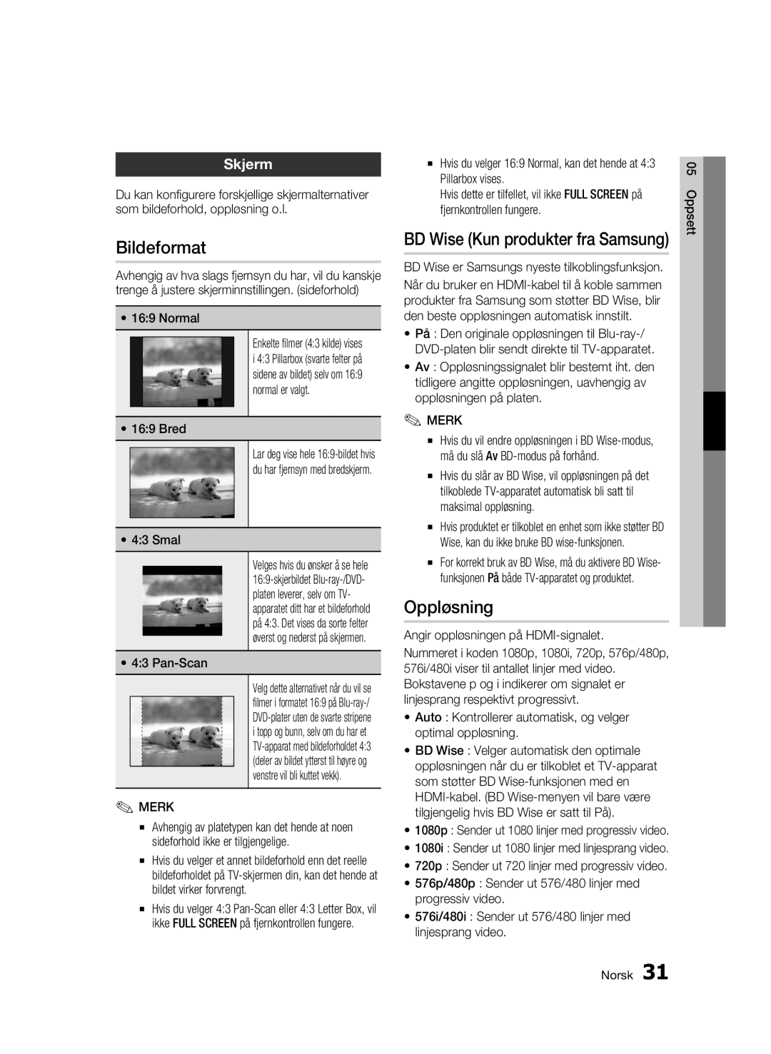 Samsung BD-C7500/XEE manual Bildeformat, Oppløsning, Skjerm 