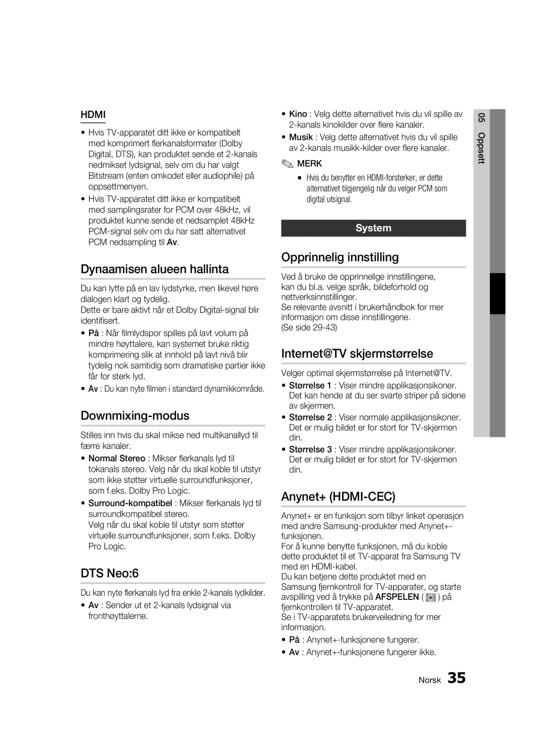 Samsung BD-C7500/XEE Dynaamisen alueen hallinta, Downmixing-modus, DTS Neo6, Opprinnelig innstilling, Anynet+ HDMI-CEC 