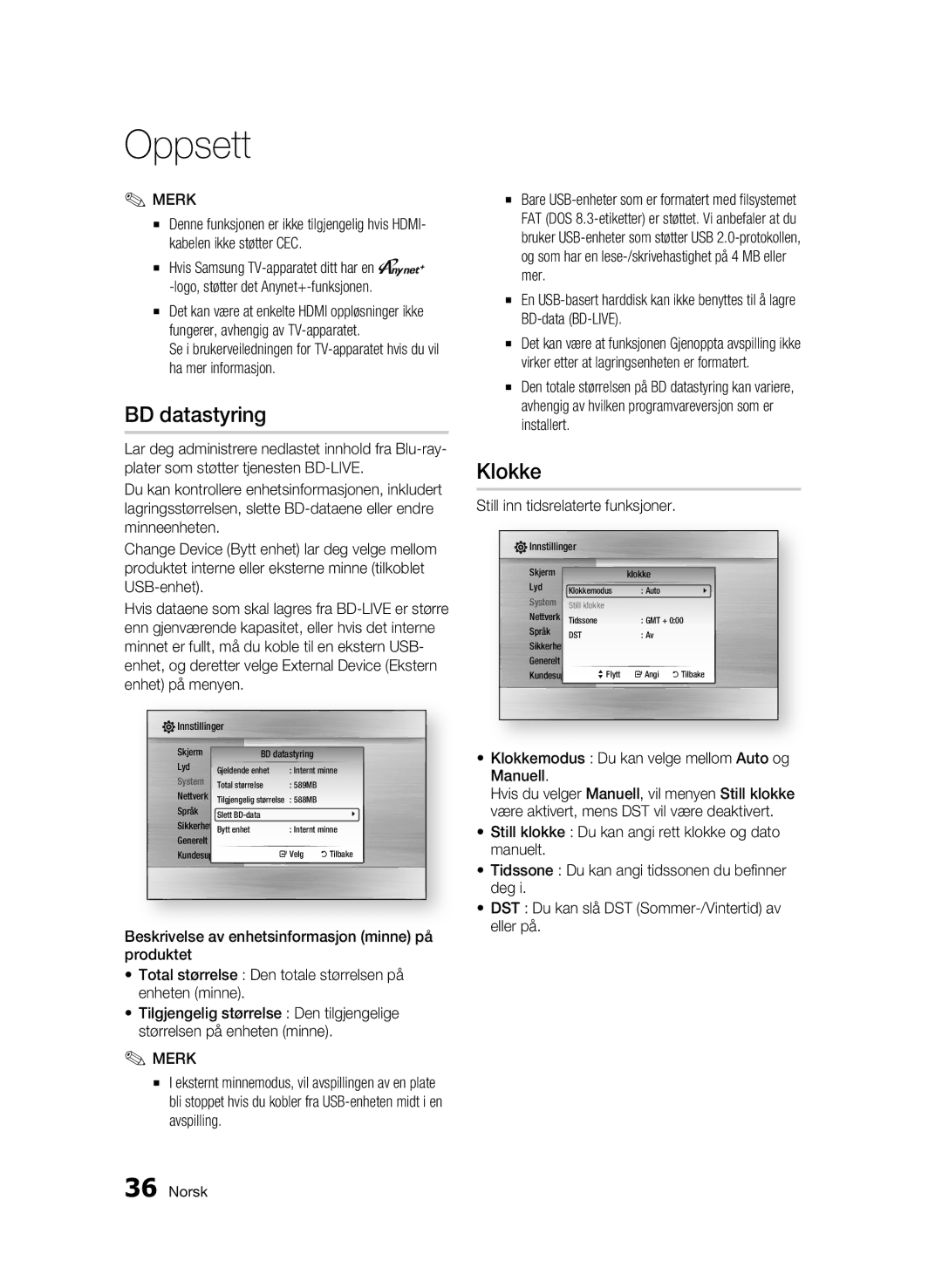 Samsung BD-C7500/XEE manual BD datastyring, Klokke, Still inn tidsrelaterte funksjoner 