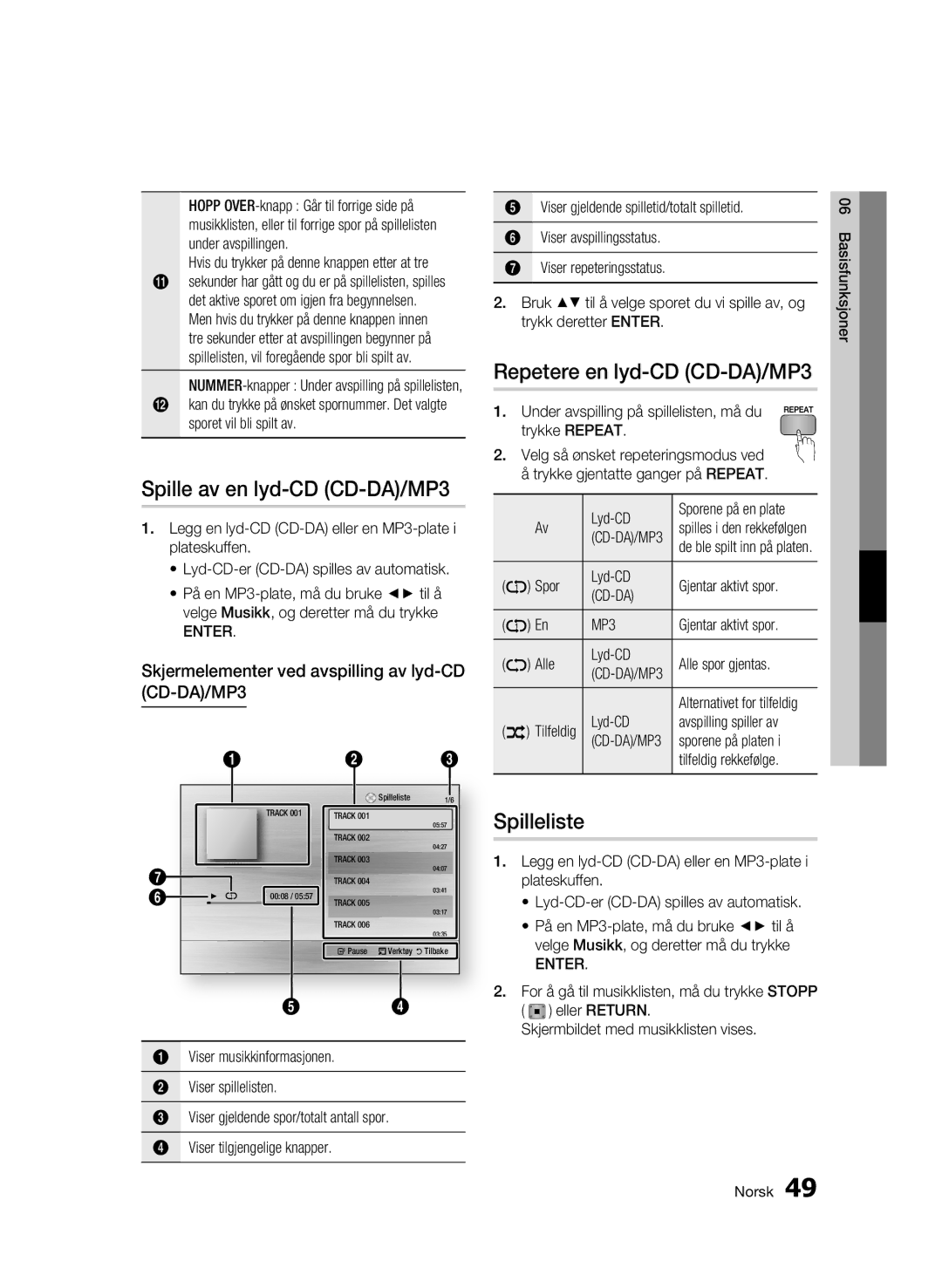 Samsung BD-C7500/XEE manual Spille av en lyd-CD CD-DA/MP3, Repetere en lyd-CD CD-DA/MP3, Spilleliste 