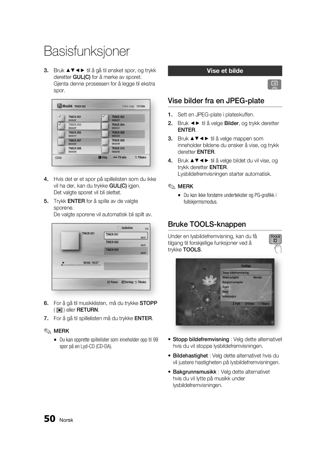 Samsung BD-C7500/XEE manual Vise bilder fra en JPEG-plate, Bruke TOOLS-knappen, Vise et bilde, Sporene 