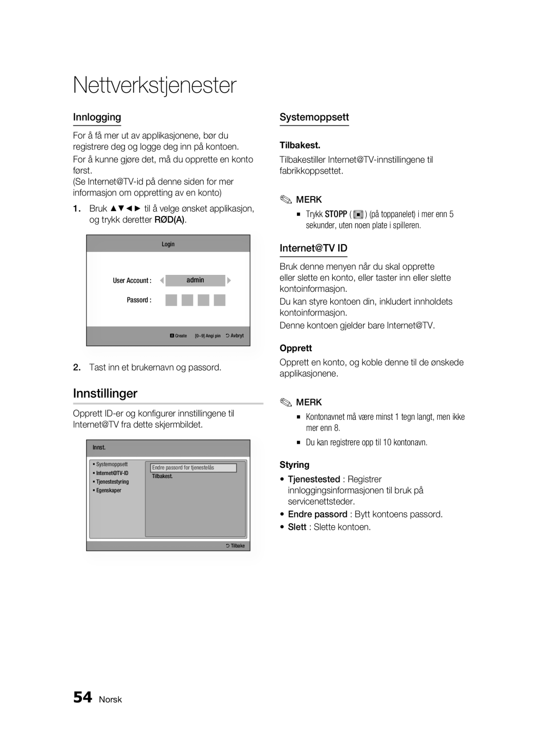 Samsung BD-C7500/XEE manual Innstillinger, Innlogging, Systemoppsett, Internet@TV ID 