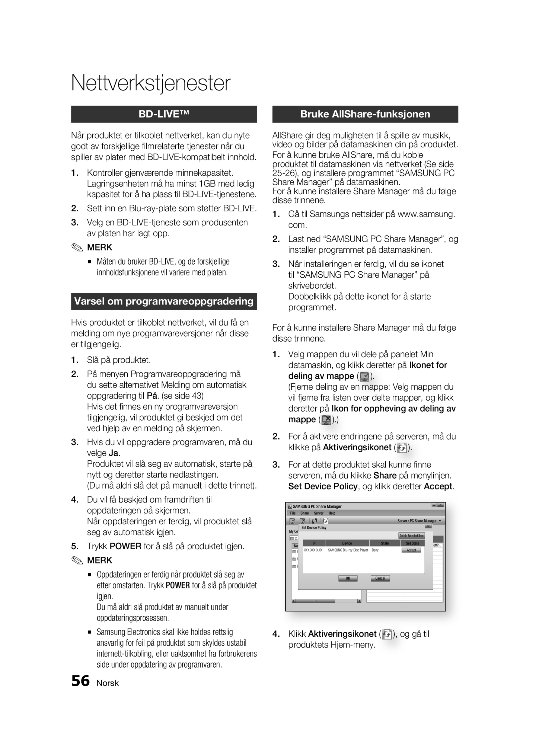 Samsung BD-C7500/XEE manual Varsel om programvareoppgradering, Bruke AllShare-funksjonen, Slå på produktet 