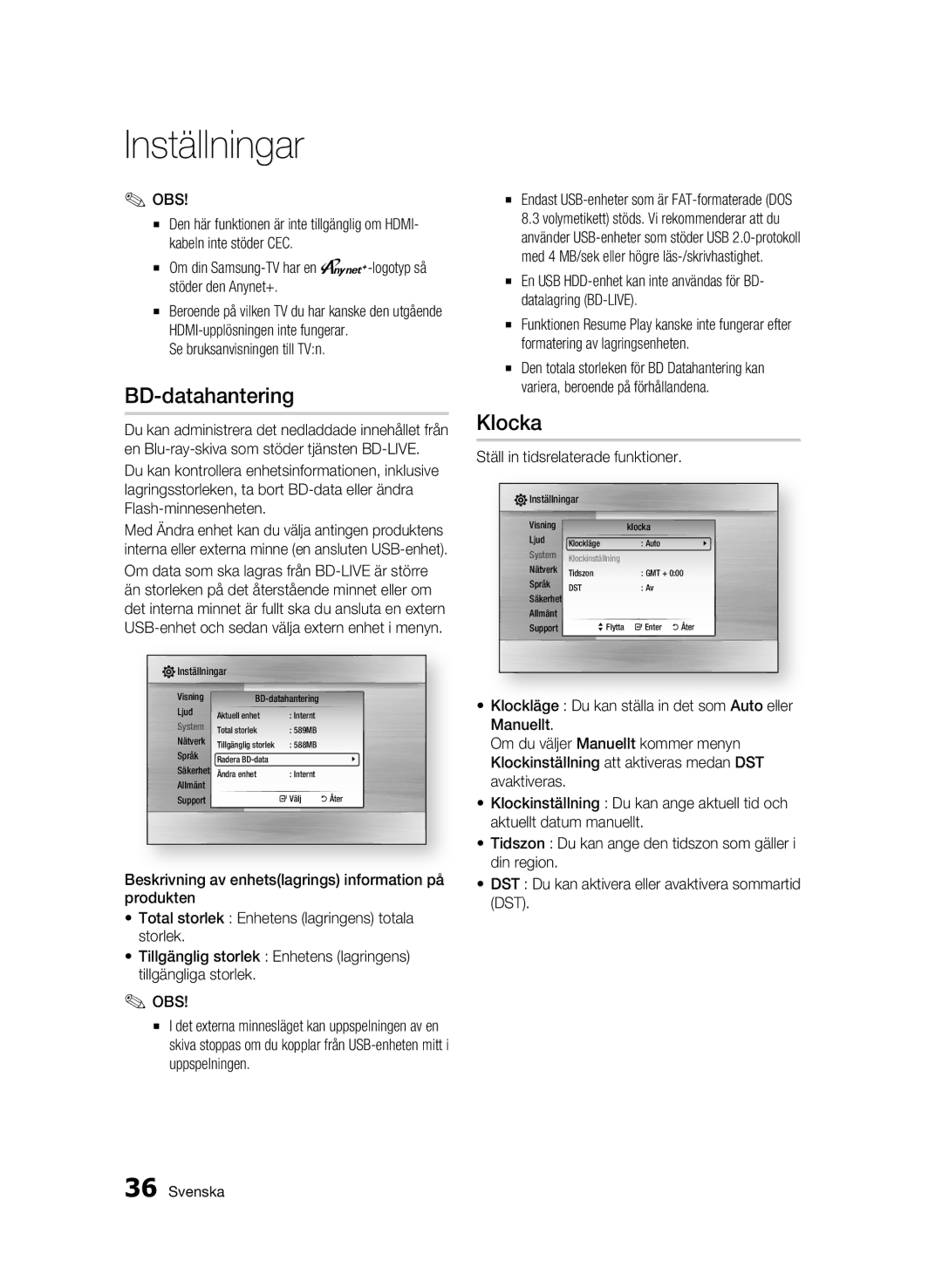 Samsung BD-C7500/XEE manual BD-datahantering, Klocka, Se bruksanvisningen till TVn, Ställ in tidsrelaterade funktioner 