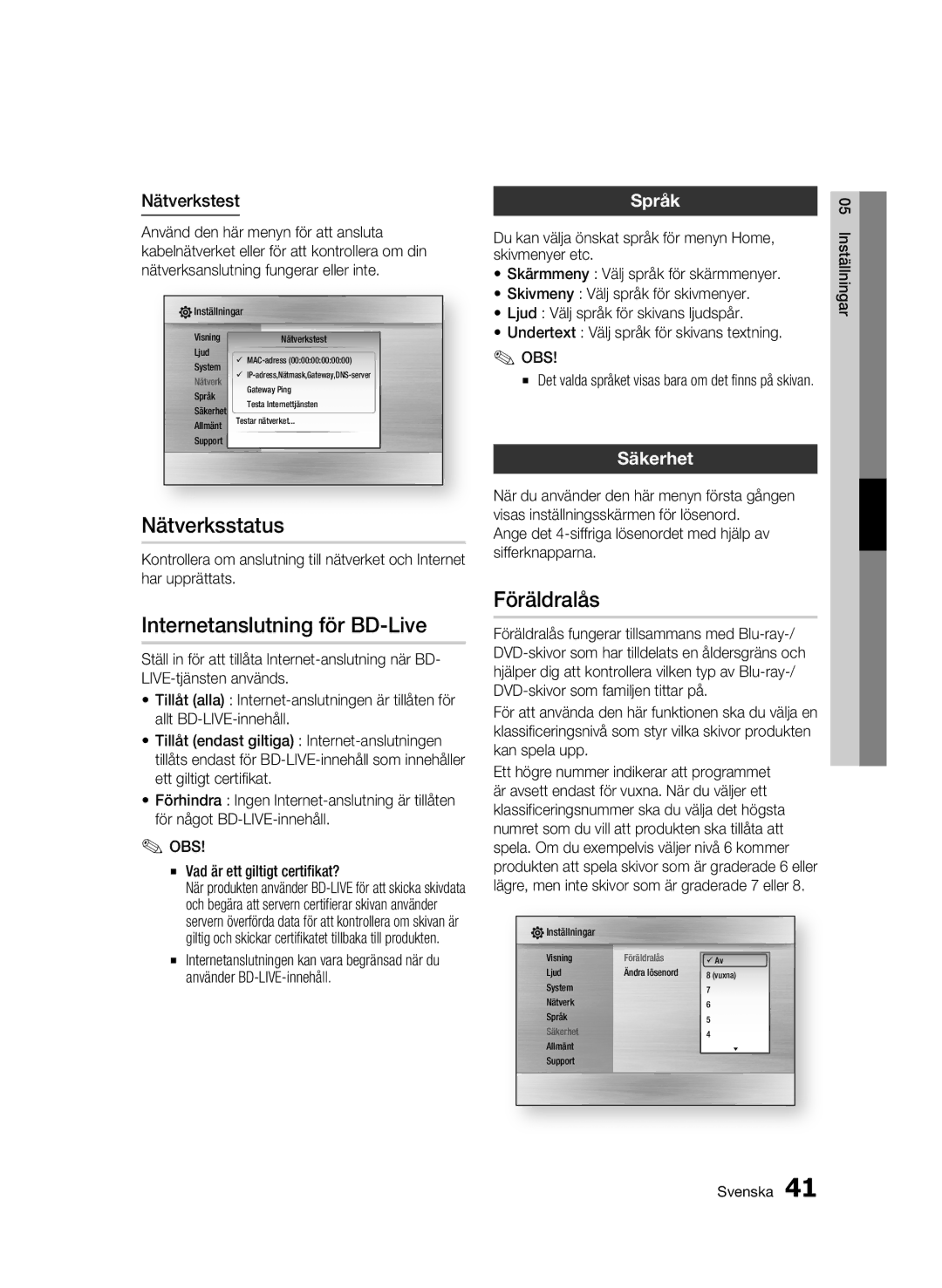 Samsung BD-C7500/XEE manual Nätverksstatus, Internetanslutning för BD-Live, Föräldralås, Språk, Säkerhet 