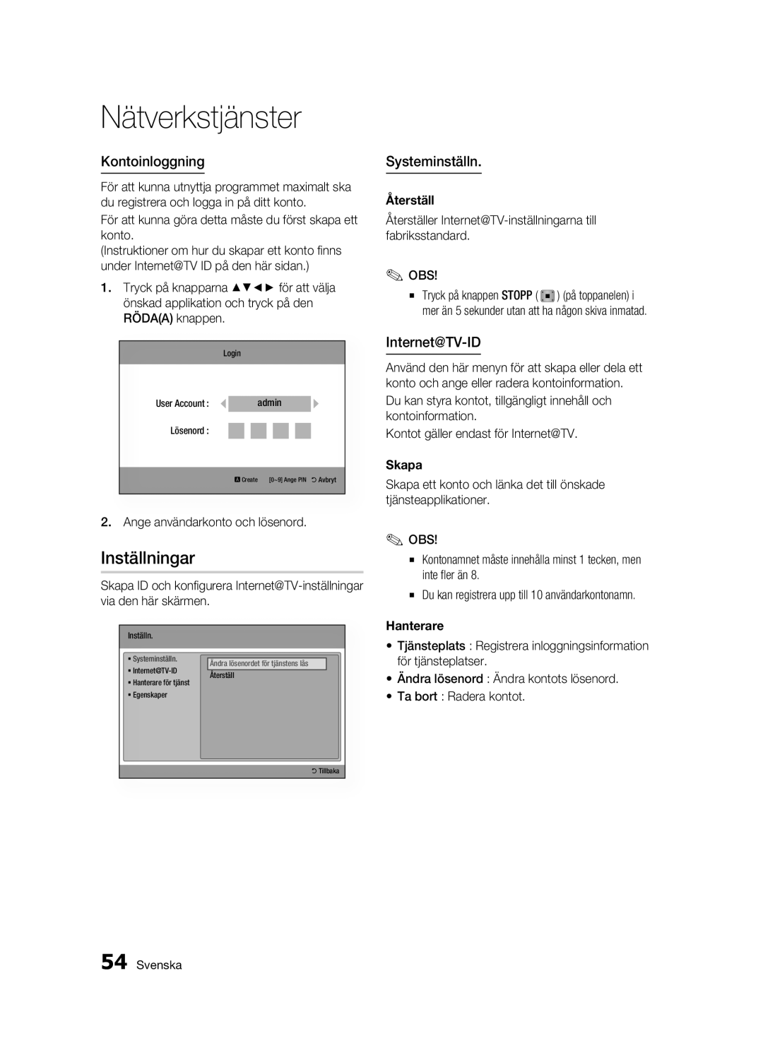 Samsung BD-C7500/XEE manual Inställningar, Kontoinloggning, Systeminställn, Internet@TV-ID, Ange användarkonto och lösenord 