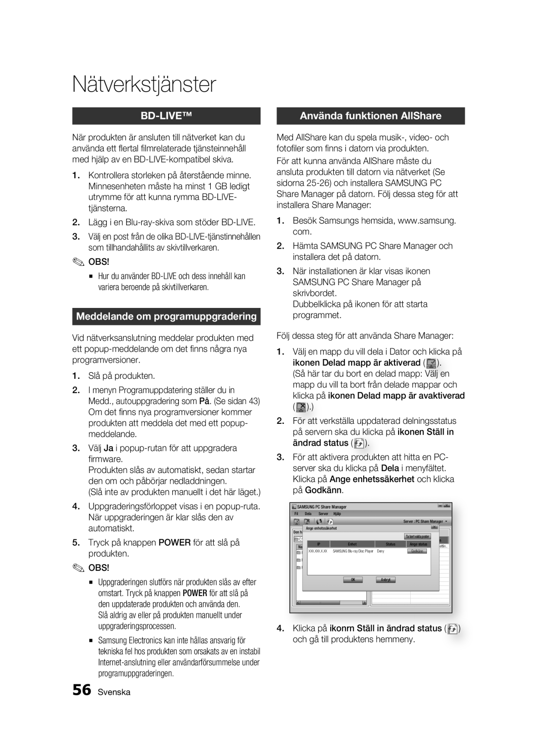 Samsung BD-C7500/XEE manual Meddelande om programuppgradering, Använda funktionen AllShare 