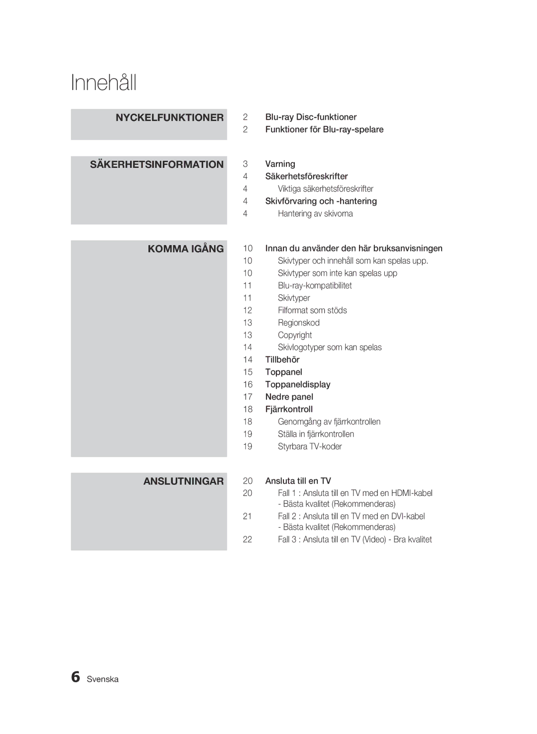 Samsung BD-C7500/XEE manual Innehåll 