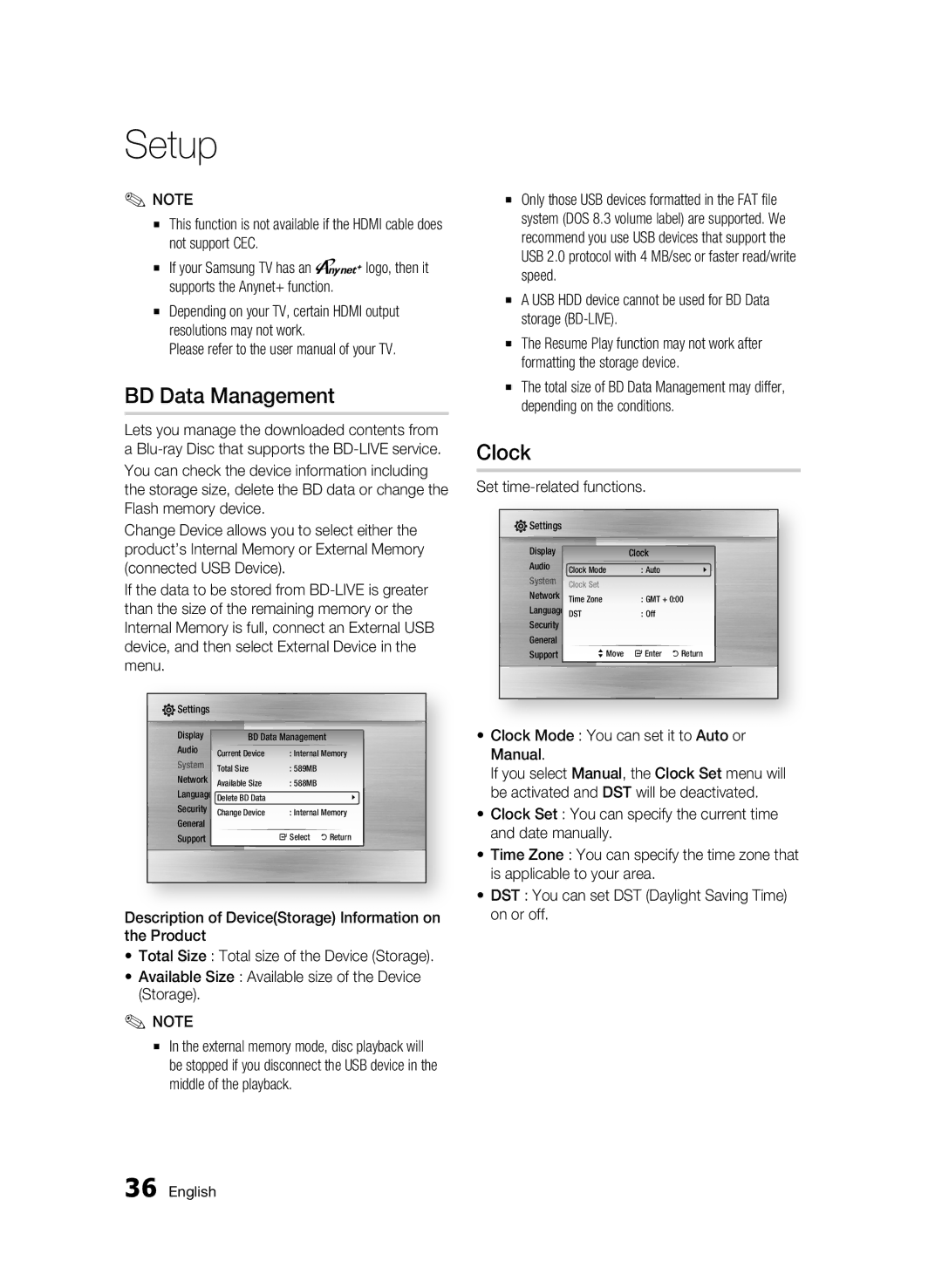 Samsung BD-C7500/XEF, BD-C7500/EDC BD Data Management, Clock, USB HDD device cannot be used for BD Data storage BD-LIVE 