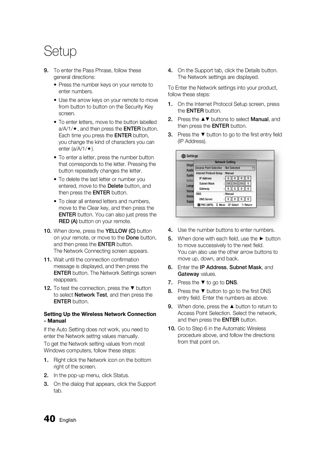 Samsung BD-C7500/XEF manual Setting Up the Wireless Network Connection Manual, Use the number buttons to enter numbers 