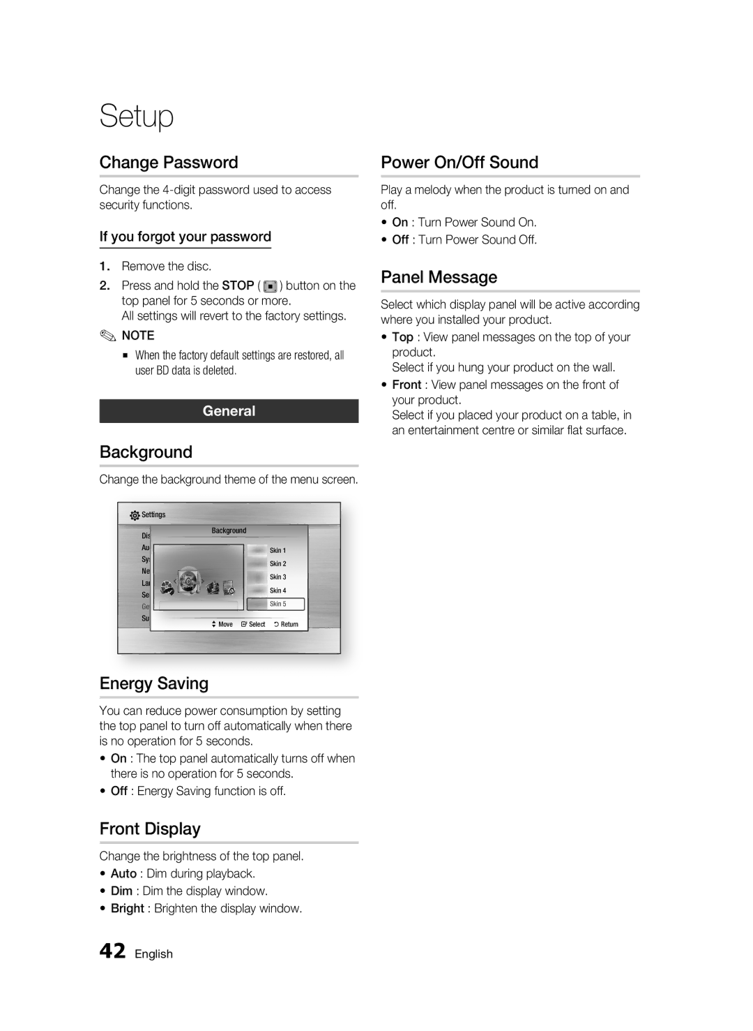 Samsung BD-C7500/XAA manual Change Password, Background, Energy Saving, Front Display, Power On/Off Sound, Panel Message 