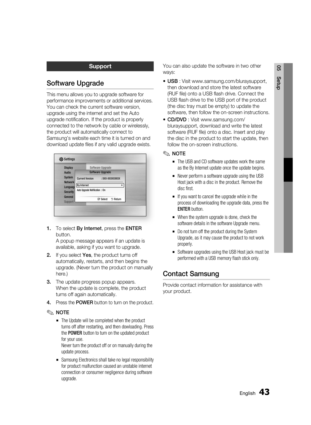 Samsung BD-C7500/XEE manual Software Upgrade, Contact Samsung, Support, To select By Internet, press the Enter button 