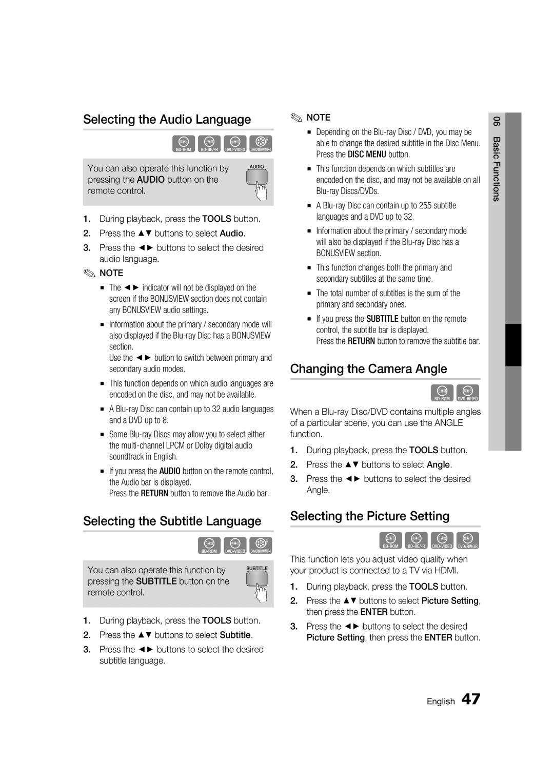 Samsung BD-C7500/XEE manual Selecting the Audio Language, Selecting the Subtitle Language, Changing the Camera Angle 