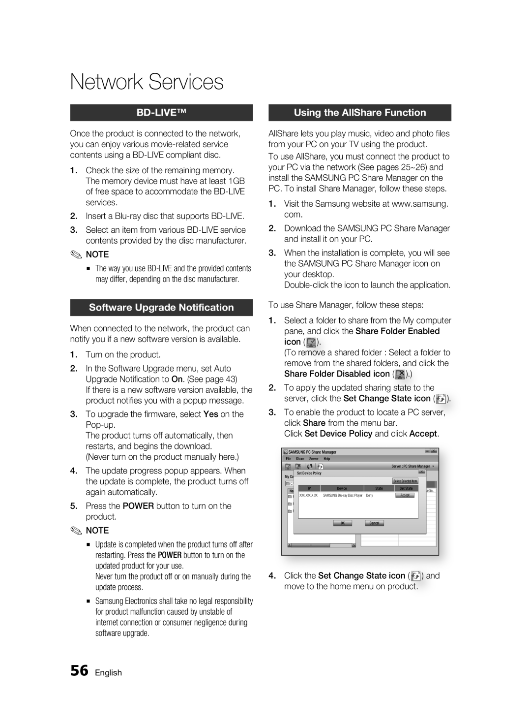 Samsung BD-C7500/XEF Using the AllShare Function, Turn on the product, To upgrade the firmware, select Yes on the Pop-up 