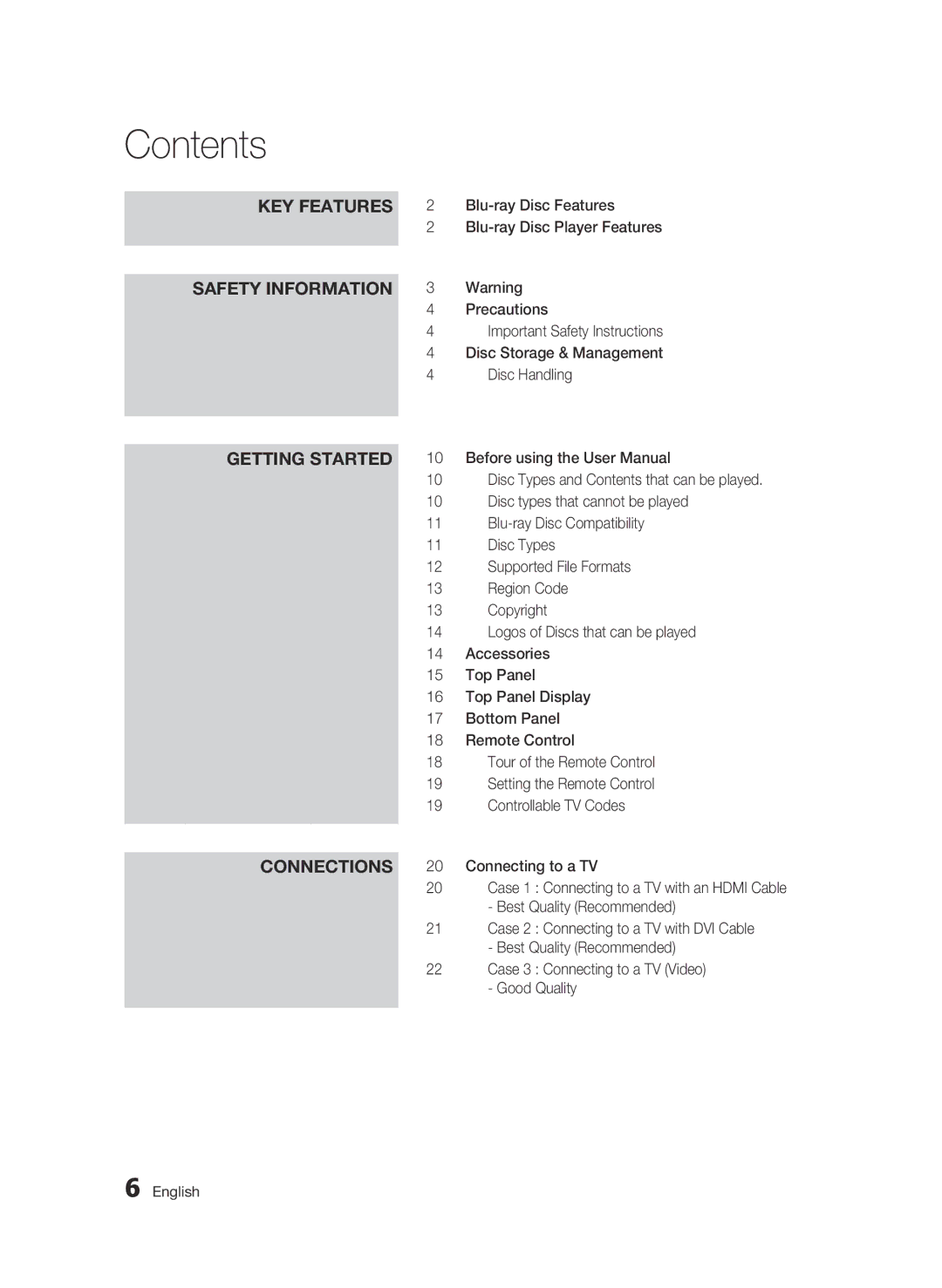 Samsung BD-C7500/XAA, BD-C7500/XEF, BD-C7500/EDC, BD-C7500/XEE manual Contents 