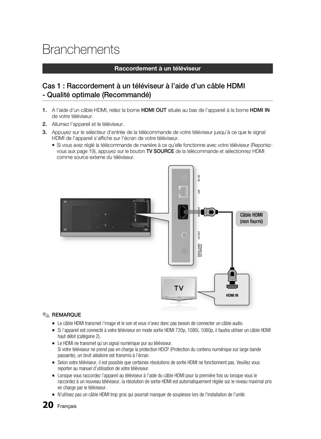 Samsung BD-C7500/XEF, BD-C7500/EDC manual Branchements, Raccordement à un téléviseur 