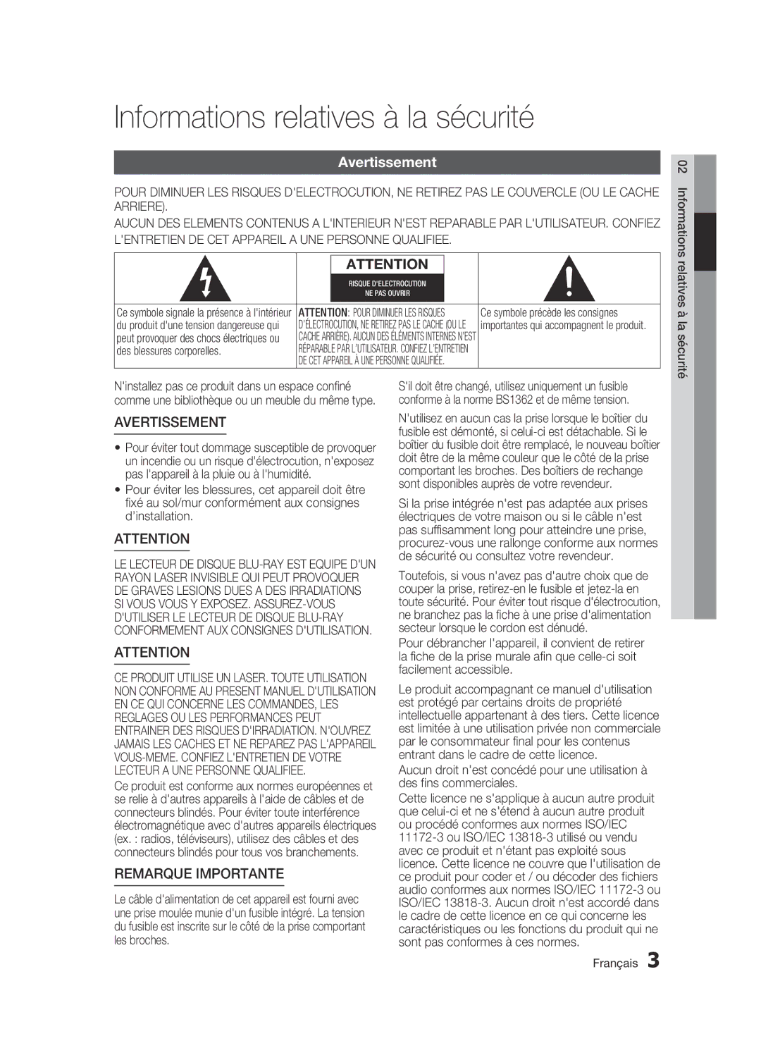 Samsung BD-C7500/EDC, BD-C7500/XEF manual Informations relatives à la sécurité, Avertissement 