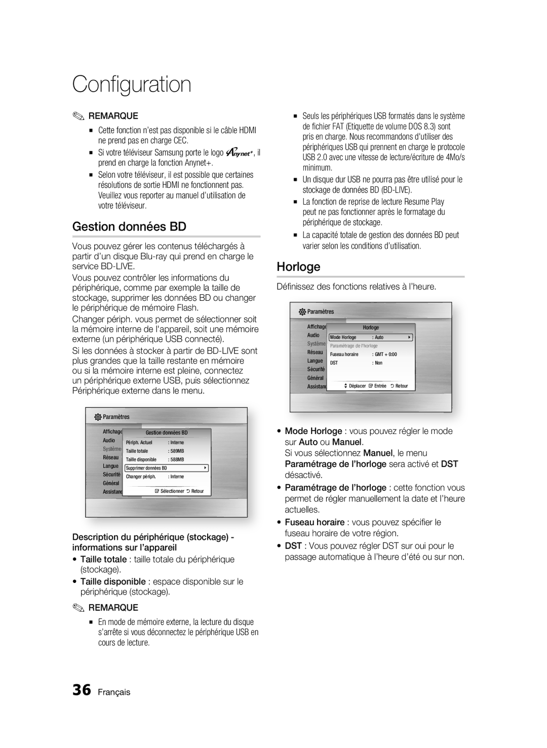 Samsung BD-C7500/XEF, BD-C7500/EDC manual Gestion données BD, Horloge, Définissez des fonctions relatives à l’heure 