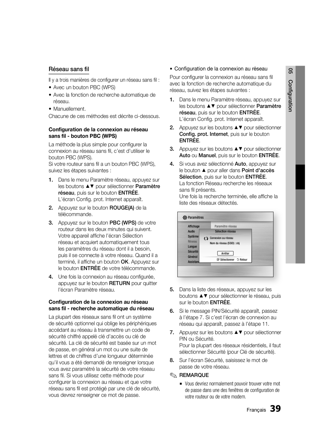 Samsung BD-C7500/EDC, BD-C7500/XEF manual Réseau sans fil,  Configuration de la connexion au réseau, Entrée 