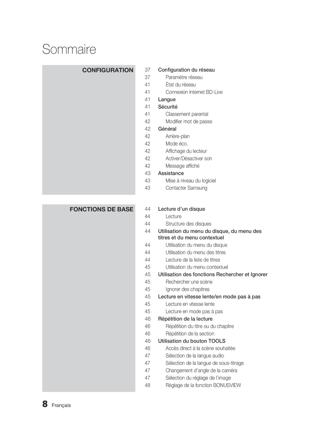 Samsung BD-C7500/XEF manual Configuration du réseau, Paramètre réseau, État du réseau, Connexion internet BD-Live, Langue 