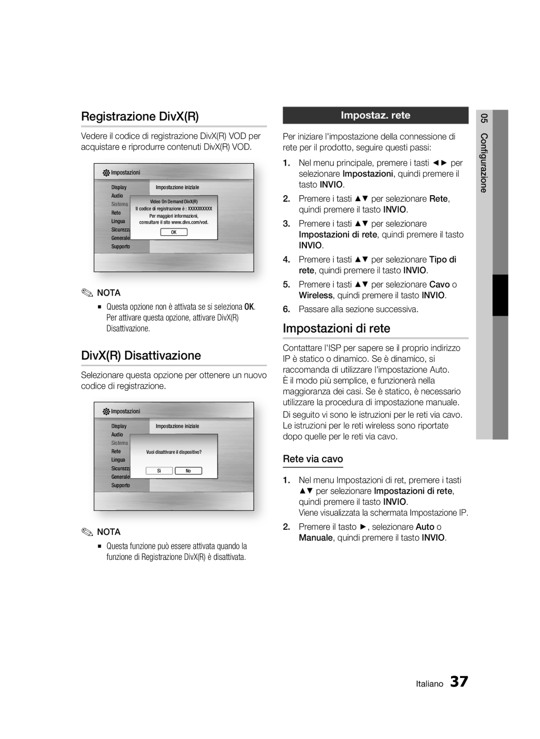 Samsung BD-C7500/XEF manual Registrazione DivXR, DivXR Disattivazione, Impostazioni di rete, Impostaz. rete, Rete via cavo 