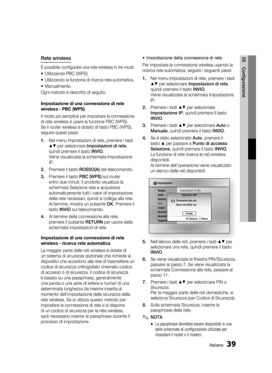 Samsung BD-C7500/XEF, BD-C7500/EDC manual Rete wireless, Utilizzando PBC WPS, Manualmente Ogni metodo è descritto di seguito 