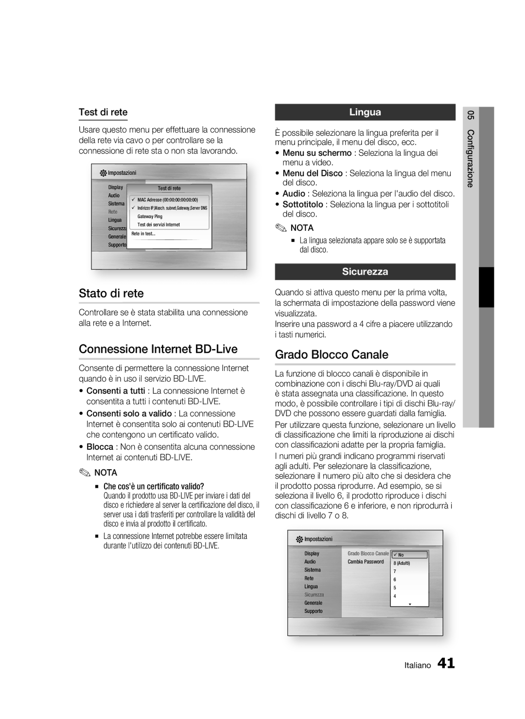 Samsung BD-C7500/XEF, BD-C7500/EDC Stato di rete, Connessione Internet BD-Live, Grado Blocco Canale, Lingua, Sicurezza 