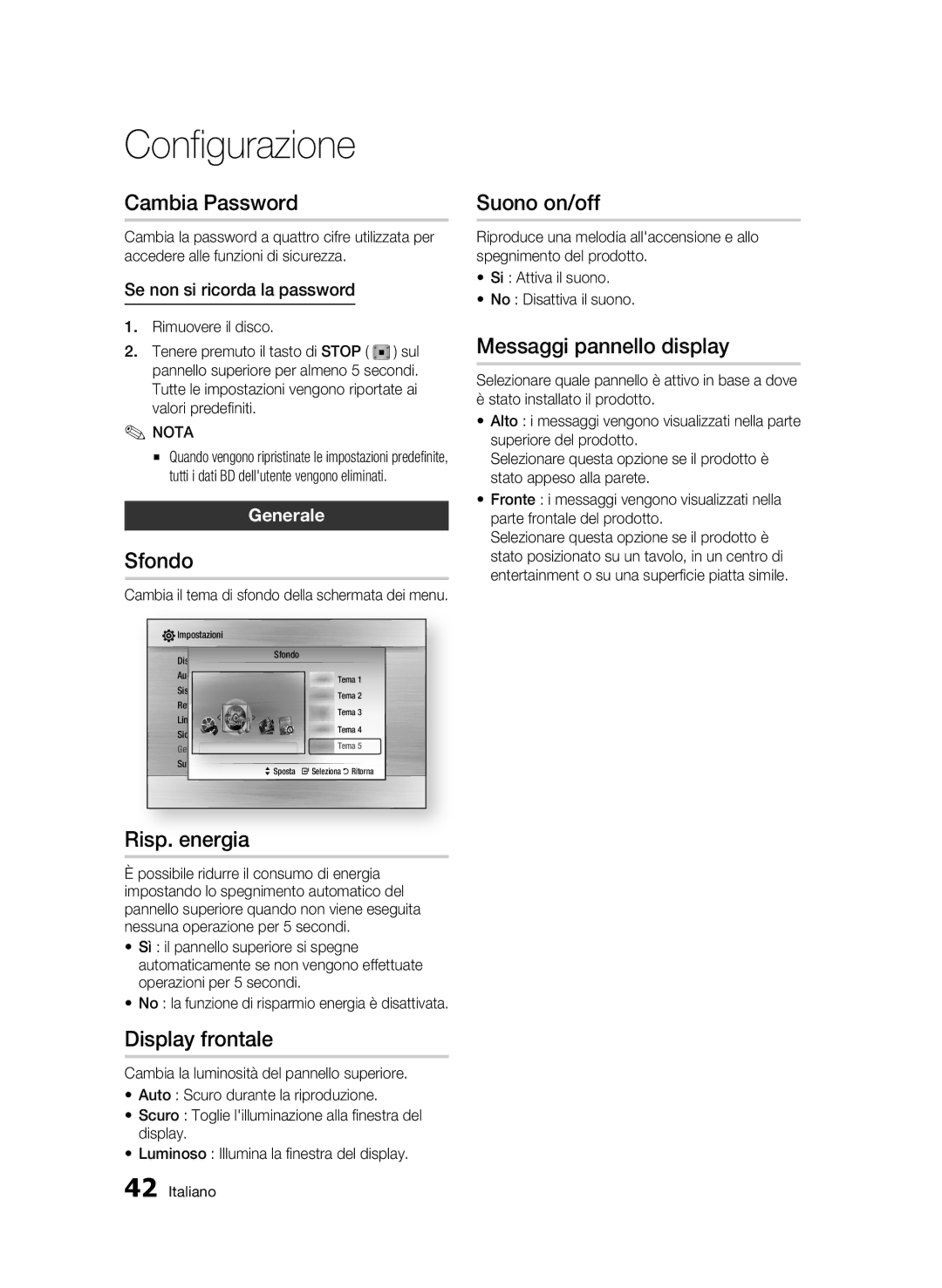 Samsung BD-C7500/EDC Cambia Password, Sfondo, Risp. energia, Display frontale, Suono on/off, Messaggi pannello display 