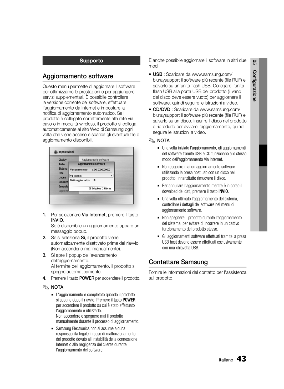 Samsung BD-C7500/XEF, BD-C7500/EDC manual Aggiornamento software, Contattare Samsung, Supporto 