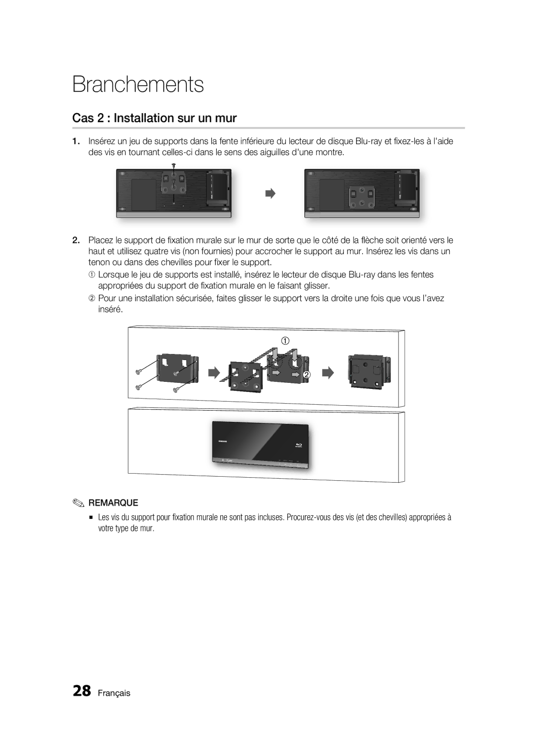 Samsung BD-C7500/XEF, BD-C7500/EDC manual Cas 2 Installation sur un mur 