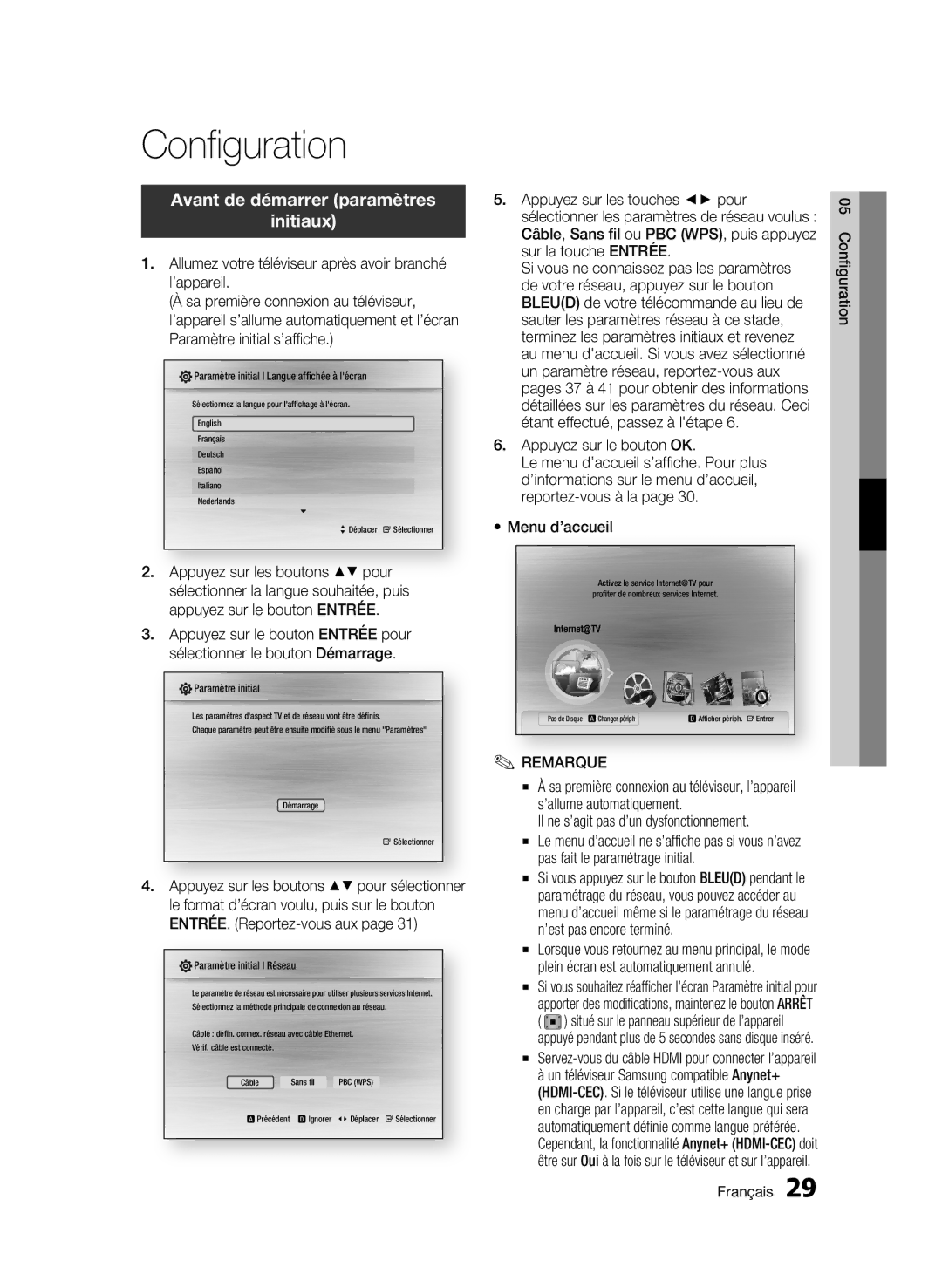 Samsung BD-C7500/EDC manual Configuration, Avant de démarrer paramètres Initiaux, Appuyez sur le bouton OK, Menu d’accueil 