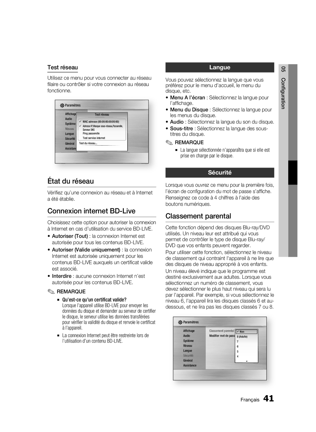 Samsung BD-C7500/EDC, BD-C7500/XEF manual État du réseau, Connexion internet BD-Live, Classement parental, Langue, Sécurité 