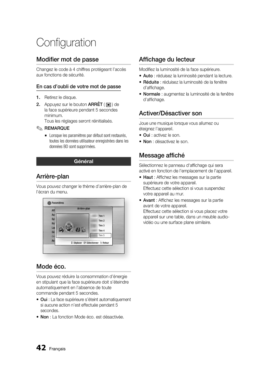 Samsung BD-C7500/XEF manual Modifier mot de passe, Arrière-plan, Mode éco, Affichage du lecteur, Activer/Désactiver son 