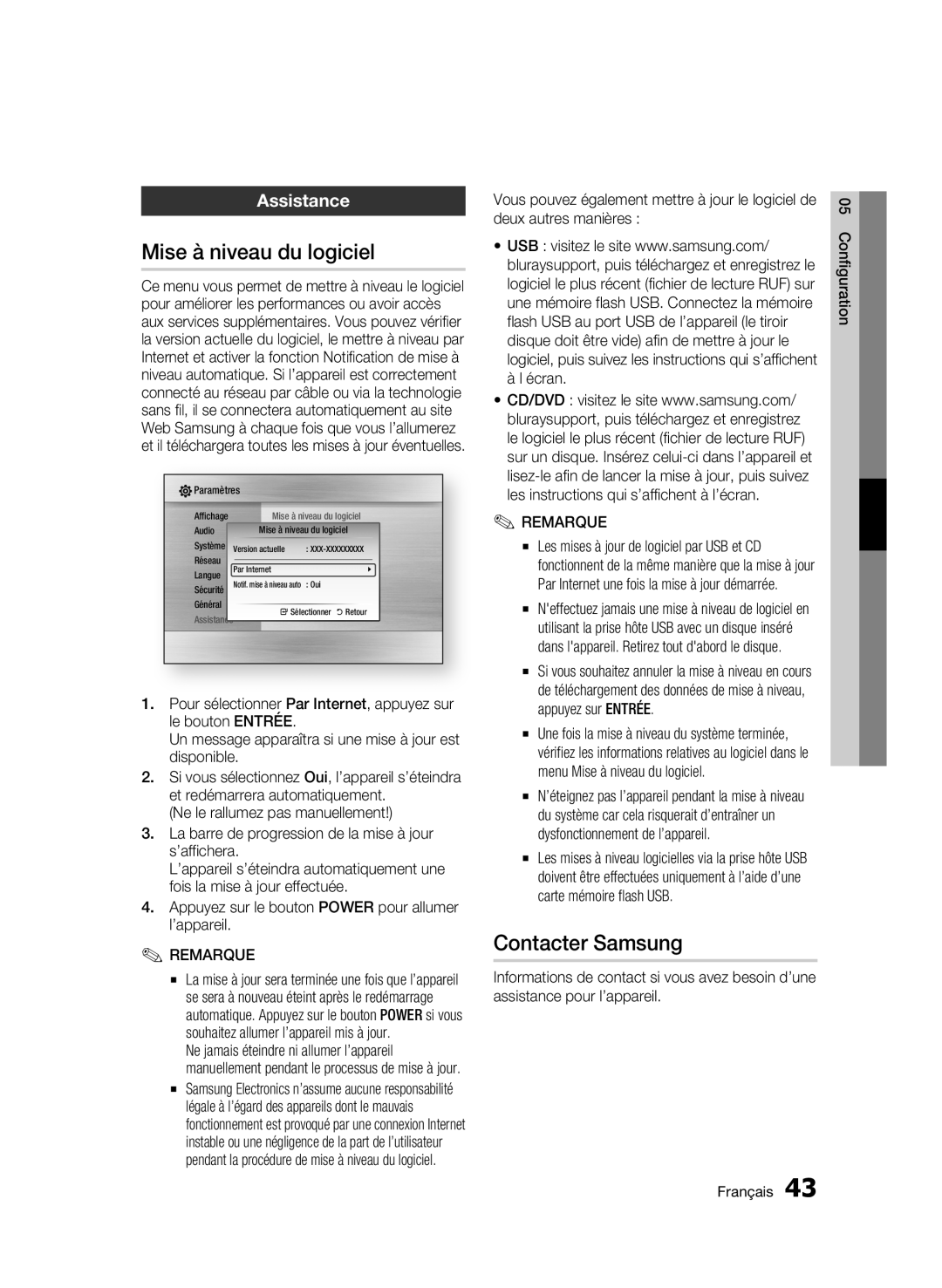 Samsung BD-C7500/EDC, BD-C7500/XEF manual Mise à niveau du logiciel, Contacter Samsung, Assistance 