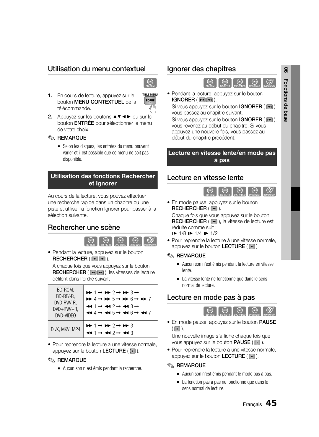 Samsung BD-C7500/EDC Utilisation du menu contextuel, Rechercher une scène, Ignorer des chapitres, Lecture en vitesse lente 