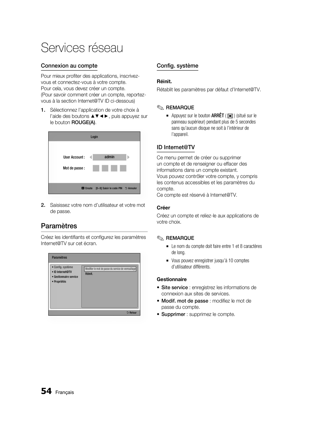 Samsung BD-C7500/XEF, BD-C7500/EDC manual Paramètres, Connexion au compte, Config. système, ID Internet@TV 