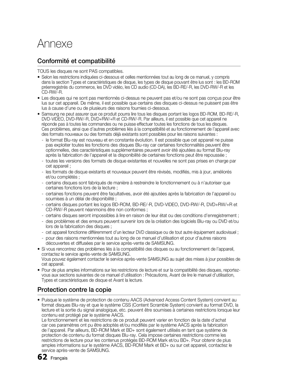 Samsung BD-C7500/XEF manual Conformité et compatibilité, Protection contre la copie, Lors de la fabrication des disques 