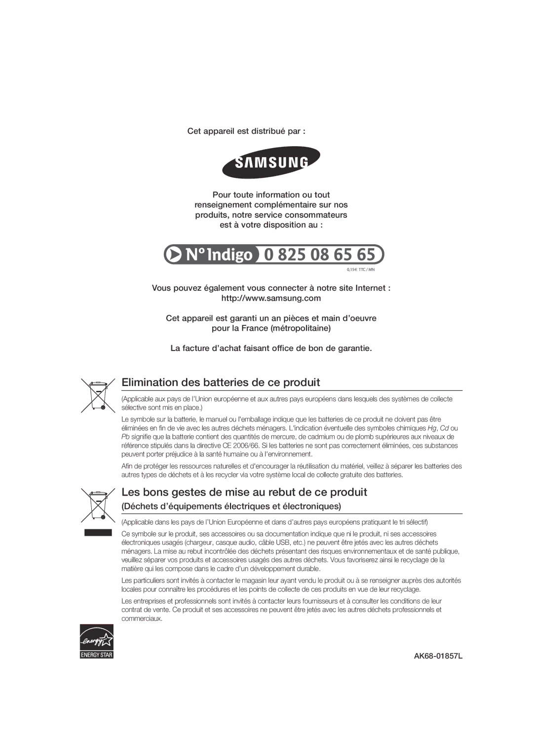 Samsung BD-C7500/EDC, BD-C7500/XEF manual Elimination des batteries de ce produit 