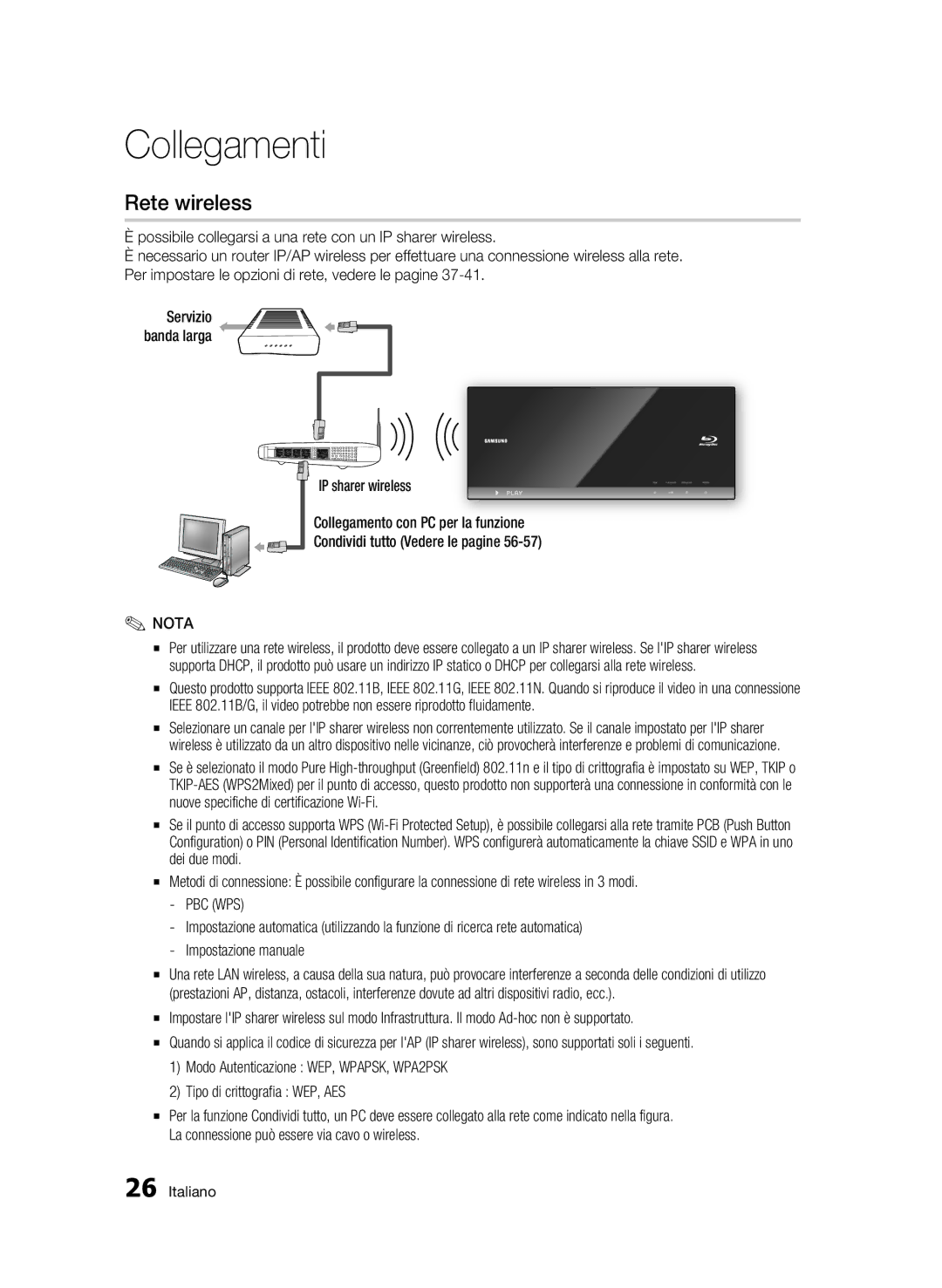 Samsung BD-C7500/XEF, BD-C7500/EDC manual Rete wireless, Pbc Wps, Tipo di crittografia WEP, AES 