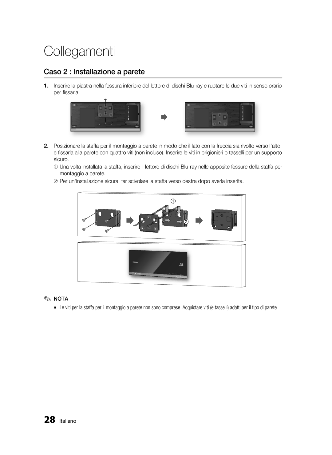 Samsung BD-C7500/XEF, BD-C7500/EDC manual Caso 2 Installazione a parete 