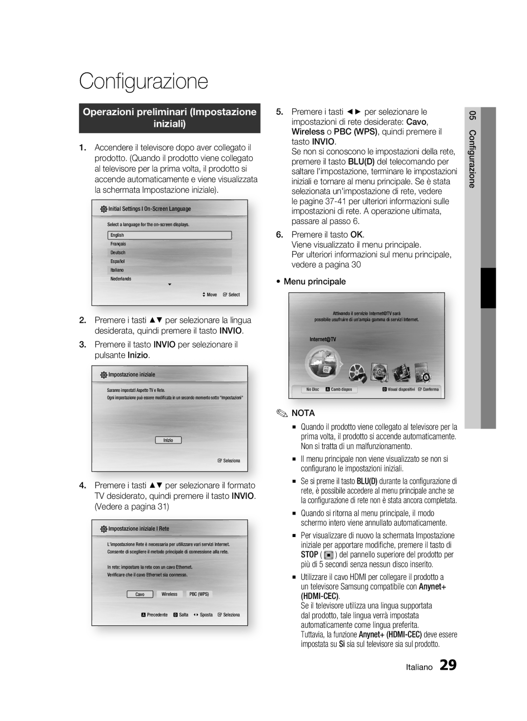 Samsung BD-C7500/EDC, BD-C7500/XEF manual Configurazione, Operazioni preliminari Impostazione Iniziali 