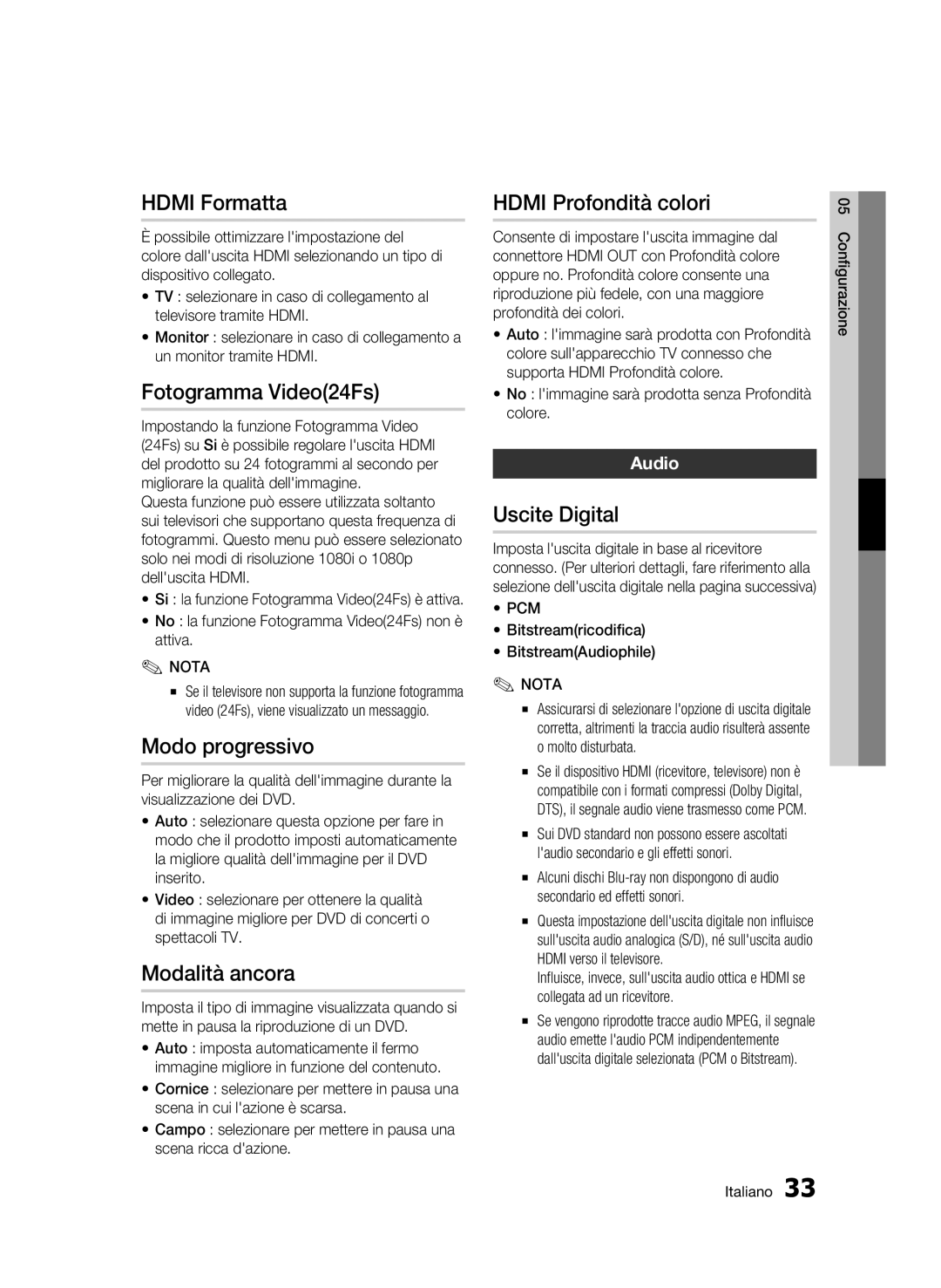 Samsung BD-C7500/EDC manual Hdmi Formatta, Fotogramma Video24Fs, Modo progressivo, Modalità ancora, Hdmi Profondità colori 