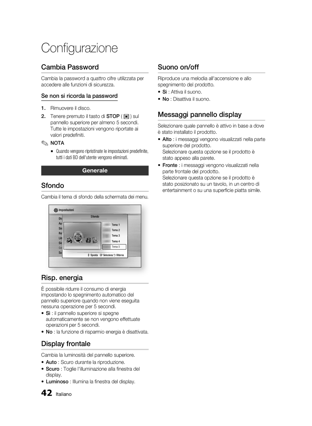 Samsung BD-C7500/XEF Cambia Password, Sfondo, Risp. energia, Display frontale, Suono on/off, Messaggi pannello display 