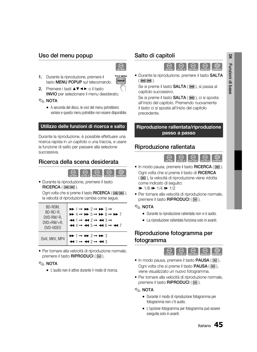 Samsung BD-C7500/EDC manual Uso del menu popup, Salto di capitoli, Ricerca della scena desiderata, Riproduzione rallentata 